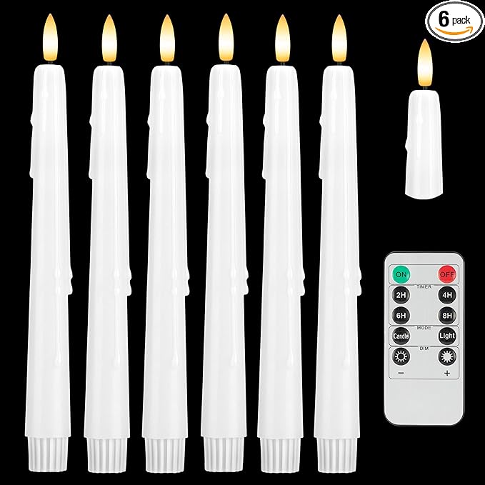 Dripless Flameless Taper Candles 9.6", Battery Operated LED Candles with Remote and Timer, Unique Candlesticks with 3D Flame for Wedding Decor, 6 Pack White