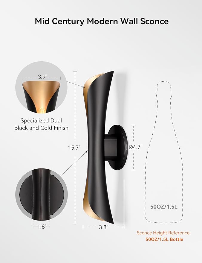 Tubicen Modern Wall Sconces Set of 2 Up and Down Wall Lights Indoor Dimmable Mid Century Modern Black and Gold Wall Sconces for Bedroom Living Room Home Theater Hardwired 15.7" H