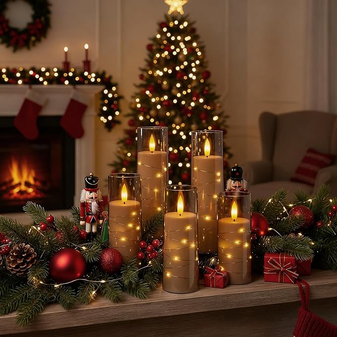 Raycare Flameless Candle with Remote Timer, 7 Flickering Acrylic Battery Operated LED Pillar Candles with Embedded Star String for Christmas, Home Decor, and as a Gift(Grey)