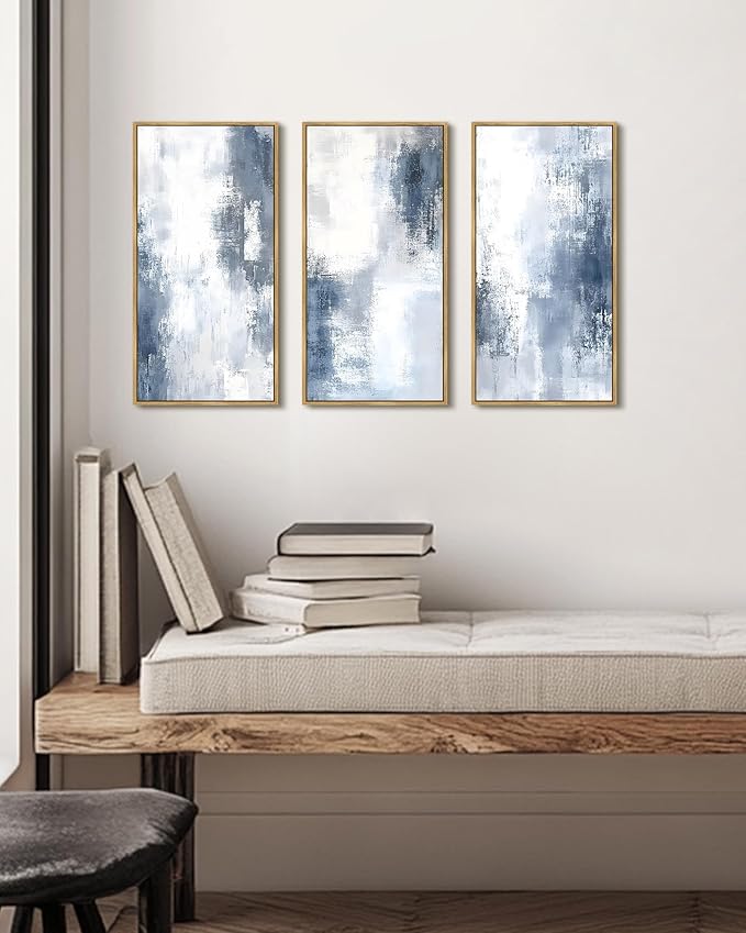 KUVIOKE Abstract Wall Art Blue Gray White Minimalist Painting Modern Decor Bedroom Living Room Ready to Hang 8x16in3pcs Natural Framed