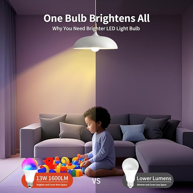 Smart Light Bulbs, 1600LM Smart Bulb Works with Alexa Google Assistant, 13W 100W Equivalent RGBCW Color Changing Music Sync, Bluetooth 2.4GHz Wi-Fi 2700-6500K E26 A21 LED Light Bulbs 2 Packs