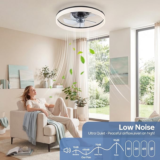 20'' Ceiling Fan with Light,Low Profile Flush Ceiling Fan, 6 Speeds, Dimmable LED, Remote Control, Quiet DC Motor, Bladeless Flush Mount Fixtures for Bedroom, Living Room,DM104-H Black