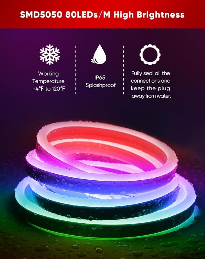 Shine Decor LED RGB Neon Rope Lights AC 120V, Expandable & Cuttable Bright Strip Lighting with Remote, Dimmable Color Changing, ETL Cold-Resistant & IP65 Waterproof for in&Outdoor, 10x20mm, 82FT