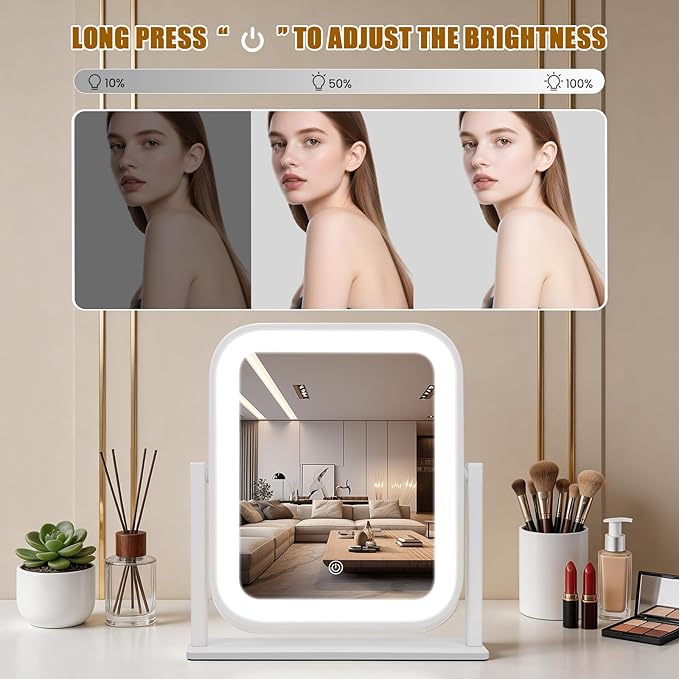 Vanity Mirror with Lights, 1500mAH, 10"×9" Makeup Mirror with Lights, Smart Touch with 3-Color Lighting, 360° Rotation, Portable LED Desk Mirror, Bedroom (White)