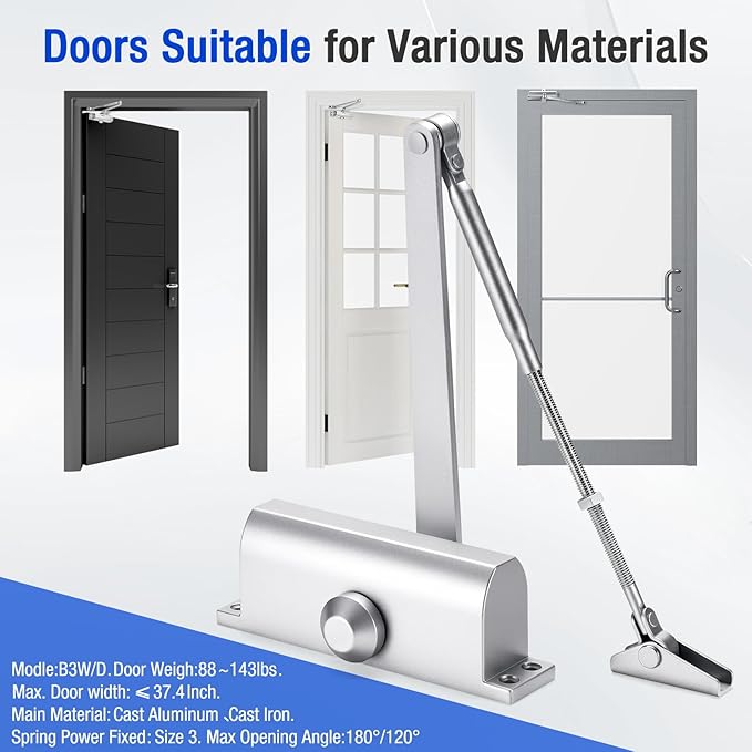 Automatic Door Closer, Adjustable Grade 3 Size Spring Hydraulic, Heavy Duty Door Closer for Commercial and Residential Silver for Doors Weighing 88 to 143 pounds