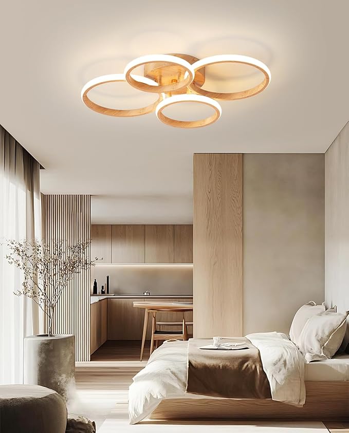 Dimmable LED Semi Flush Mount Ceiling Light Fixture with Remote Control 3-Color Dimming Circle Modern Light, Close to Ceiling Bedroom Kitchen Hallways Balcony Corridor Lamp (4 Ring LightWood)