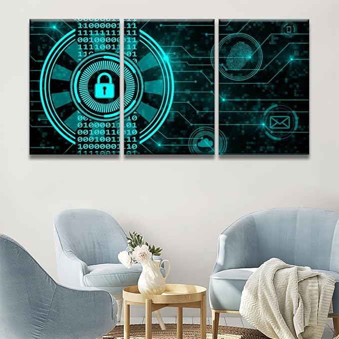LSIUHWUWI 3 Panel Wall Art Secure Technology Concept Padlock Binary Code Hud Pictures Posters for Living Room Decorations, Connecting Lines Fingerprint Cloud Mail Artwork Ready to Hang, 16x24inchx3