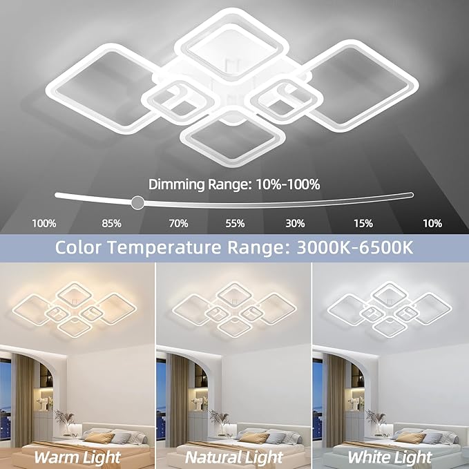 Modern Ceiling Light, 36.2'' LED Dimmable Acrylic Square 6+1 Rings Ceiling Lights with Remote, White Flush Mount Ceiling Light Fixture for Low Ceiling Bedroom Living Room Dining Room, 130W