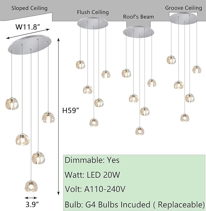 Modern LED Chandeliers Dining Room Kitchen Pendant Lights Lighting for Island Dimmable Fixtures Floating Bubble Crystal 2700K 6000K Remote Dimming 5-Lights