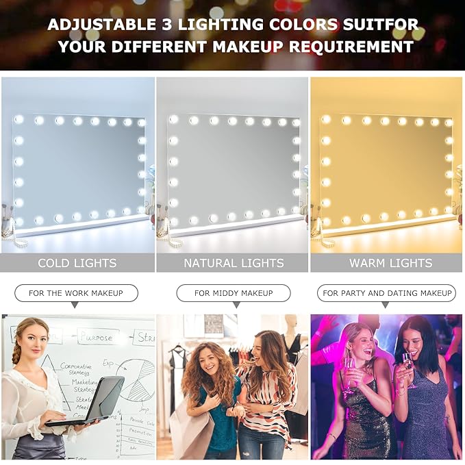 31.5"x 23.6" Vanity Mirror Makeup Mirror with Lights,10X Large Hollywood Lighted Vanity Mirror with 24 Dimmable LED Bulbs,3 Color Modes,Touch Control for Bedroom,Wall-Mounted,White
