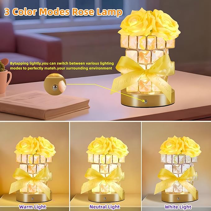 Rose Flower Lamp,Rechargeable Cordless Touch Table Lamp for Bedroom,3-Colour Dimming Flowers Night Light,Crystal Bedside Lamps with USB Charge,Birthday Valentine's Day Gifts for Women,Mom,Wife,Her