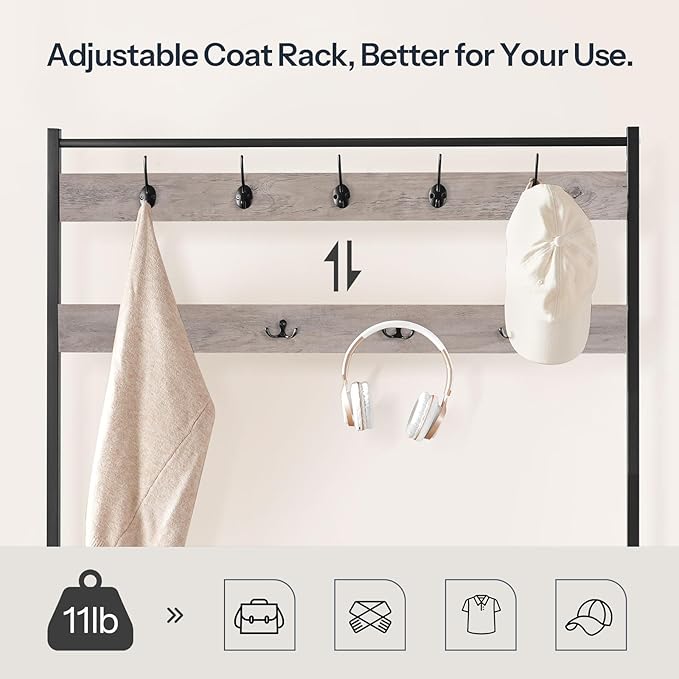 HOOBRO Hall Tree, Coat Rack with Shoe Rack, 39.4" Hall Tree with Bench, 5 Tier Shoe Storage Organizer with 9 Hooks for Entryway, Closet, Sturdy, Industrial, Greige and Black BG801MT01