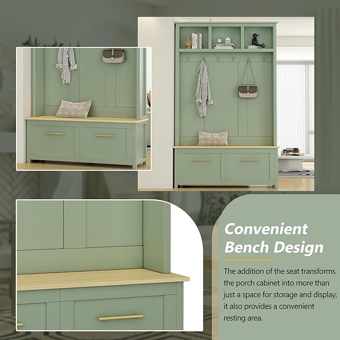 Merax Versatile 4-in-1 Hall Tree with 6 Golden Hooks, Wood Grain Bench with Multiple Storage Space, Entryway Coat Rack with 2 Drawers for Living Room, Hallway, Mint Green
