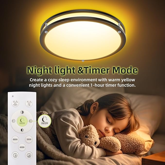 hepside Flush Mount LED Ceiling Light with Remote, Dimmable& 3000K-6500K Adjustable Ceiling Light Fixture, Timer, Night Light, 13 inch Black Ceiling Lamps for Kitchen Bathroom Bedroom Hallway