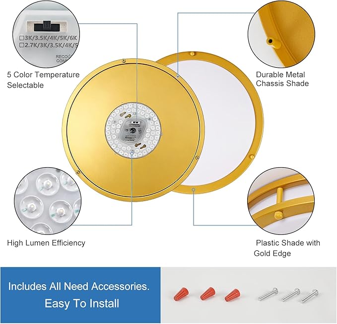 DLLT Flush Mount LED Ceiling Light: 13 Inch 2Pack 5CCT (3000K-6000K) & Dimmable Ceiling Light Fixtures for Bedroom Hallway - 24W Modern Gold Super Bright Kitchen Lighting Fixtures Ceiling