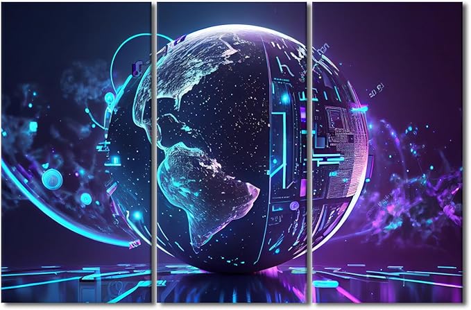TUMOVO 3 Pieces Wall Art for Living Room, Neon Colorful Global World in Cyber Space Prints for Home Wall Decor, Cyber Space Posters for Home Hotel Wall Decoration, Ready to Hang, 42" Wx28 H