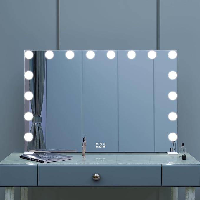 BEAUTME Large Vanity Mirror with Lights, 35.9''×24.3'' Makeup Mirror, Light up Mirror with 16 Dimmable LED Lights and 10X Magnification, 3 Colors Lights Modes, Touch Control, White
