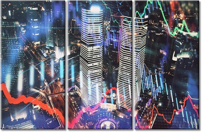 TUMOVO Business and Financial Concept Canvas Paintings Bedroom Canvas Wall Art 3 Panel Trading Graph on The Cityscape at Night Background Pictures Wall Art for Living Room Ready to Hang (42" Wx28 H)