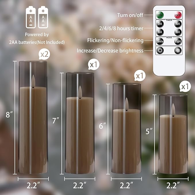 Acrylic Flameless Flickering Candles with Remote Control and Timer, Battery Operated LED Fake 2.2" x 5",6",7",8",8" Plastic Pillar Candles for Home Decor(Long-Lasting, Grey)