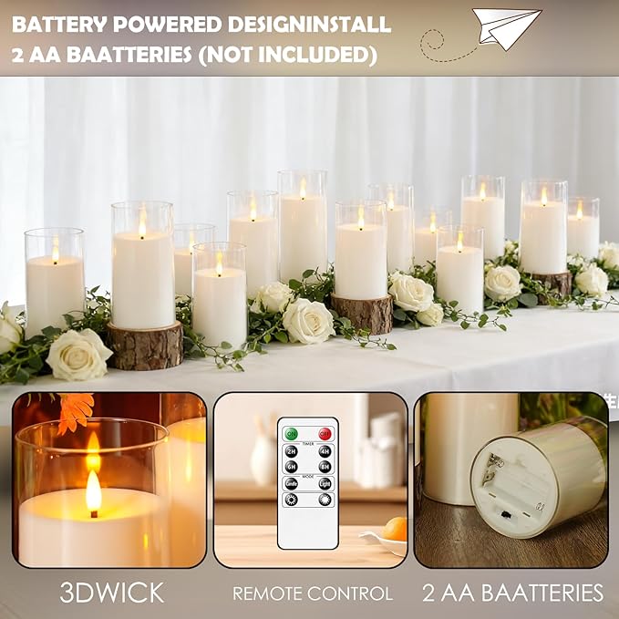 Flickering Flameless Candles Battery Operated with Remote and 2/4/6/8 H Timer Acrylic Led Pillar Candles Pack of 9 (D 3" xH 4" 5" 6") with Realistic 3D Wick Candles for Home Decor(White)