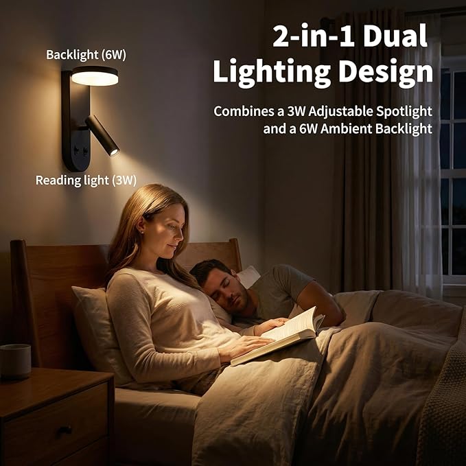 Wall Mounted Reading Lights for Bedroom - Independent Switch, 350° Adjustable Bedside Lamps Set of 2, Hardwired Installation LED Wall Sconces for Living Room, Study Room