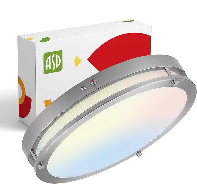 ASD LED 16" Round Flush Mount Lighting, Close to Ceiling Light Fixture | 3CCT, Dimmable, Battery Backup, ETL Listed | 24W 2116LM 3000-5000K 100-277V | Low Profile Double Ring Lamp | Nickel