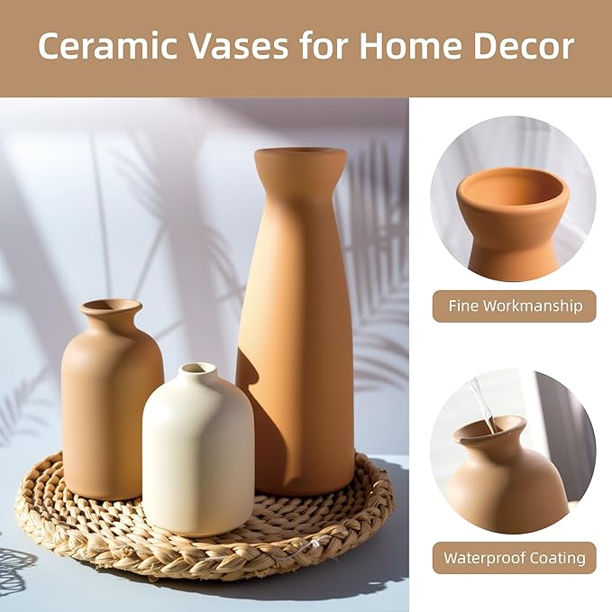 Ceramic Small Vase Set of 3,Modern Boho Farmhouse Home Decor,Pampas Grass Vase,Minimalist Decor,for Entryway Table,Bookshelf,Living Room, Bedroom,Kitchen,Coffee Table Decoration