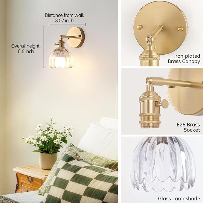 Vintage Battery Operated Wall Sconce with Transparent Tulip Glass Lampshade Rechargeable Battery Powered Wall Light with Remote Control for Bedside Bedroom Doorway, Set of 2