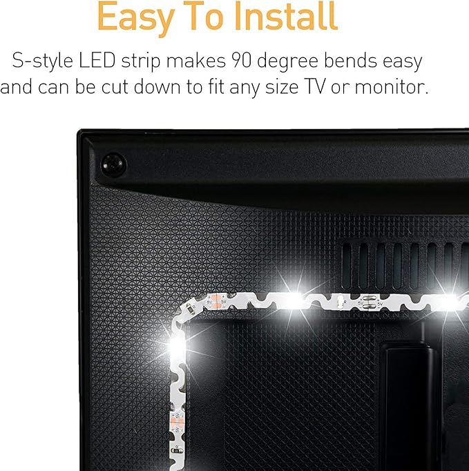 Power Practical LED Strip Lights Backlight, USB Light Strips w/Remote for 15 Ambient Color Bias Lighting Options & 10 Brightness Modes, for TV/Computer Decor/Indoor Use, Size(<24" TV)