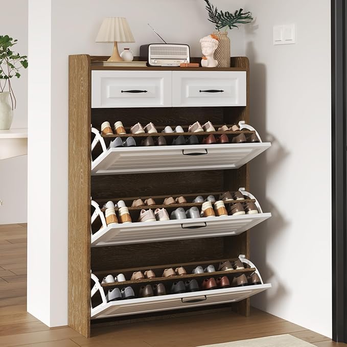 Narrow Shoe Cabinet with 2 Slide Drawers & 3 Flip Drawers, Modern Freestanding Shoes Rack Storage Organizer with Open Top for Entryway, Hallway, Bedroom, Mudroom (Brown)