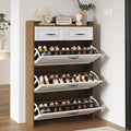 Narrow Shoe Cabinet with 2 Slide Drawers & 3 Flip Drawers, Modern Freestanding Shoes Rack Storage Organizer with Open Top for Entryway, Hallway, Bedroom, Mudroom (Brown)