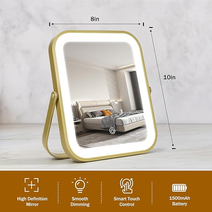 Rechargeable Vanity Mirror with Lights, 10"×8" Makeup Mirror with Lights, 1500mAH Battery, Smart Touch with 3-Color Lighting, Dimmable, HD Desk Mirror, Women Gift, Travel Essentials (Gold)