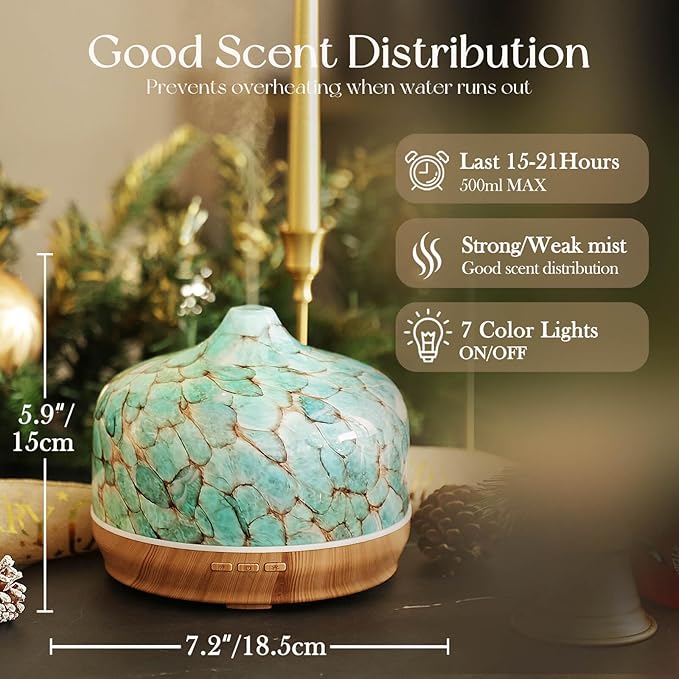 Porseme 500ml Glass Essential Oil Diffuser Aromatherapy Ultrasonic Cool Mist Humidifier 15-21 Running Hours Waterless Auto-Off Air Diffusers for Sleeping Yoga Working Spa(Light Blue)