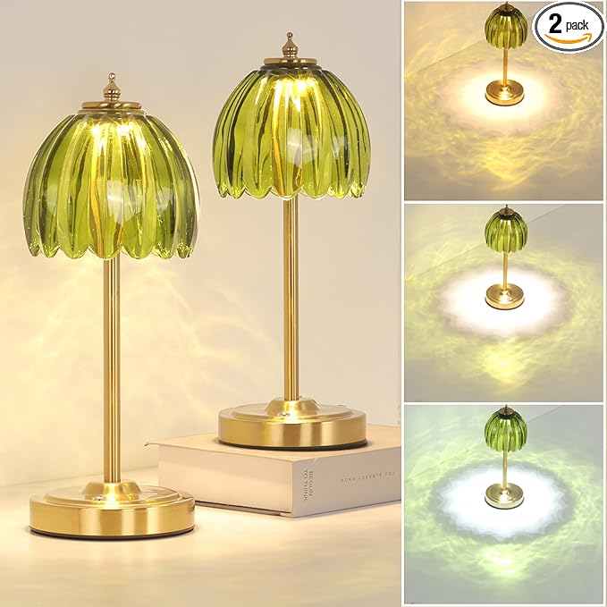 Set of 2 Tulip Table Lamp with 5000mAh Battery & Touch Control, Cordless Table Lamp with 3 Colors, Dimmable Rechargeable Table Lamps for Bedroom, Living Room, Entryways (Green Tulip)