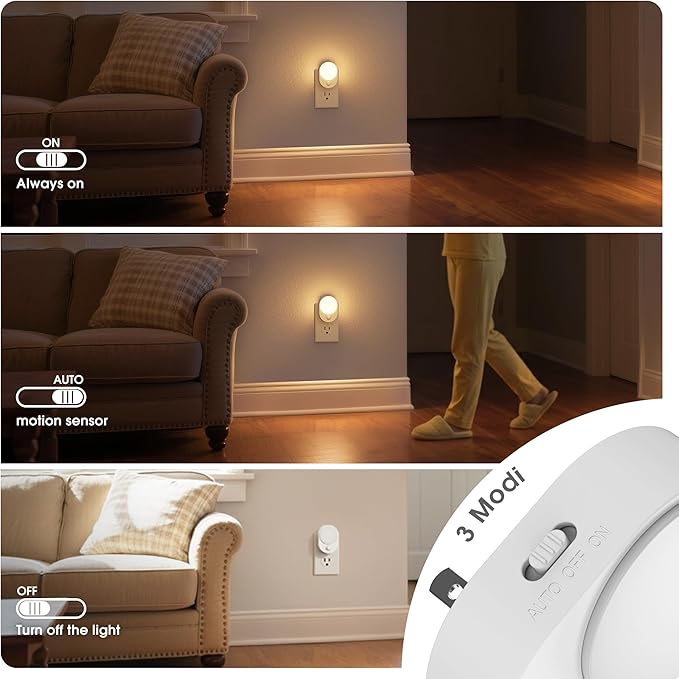 JandCase LED Motion Sensor Night Light, 2 Pack, Motion Activated Sensor Night Lights Plug into Wall, 3000K Warm White, Dimmable Nightlight with Dusk to Dawn Sensor for Kids Bathroom Hallway Bedroom