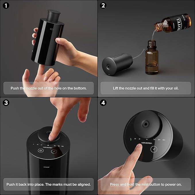 Airversa Waterless Essential Oil Diffuser Starter Kit with 2x20mL Hotel Fragrance Oils for Car Home Office, Cordless Battery Operated Scent Air Freshener Diffuser, Mist & Timers, AN6Kit-B Black
