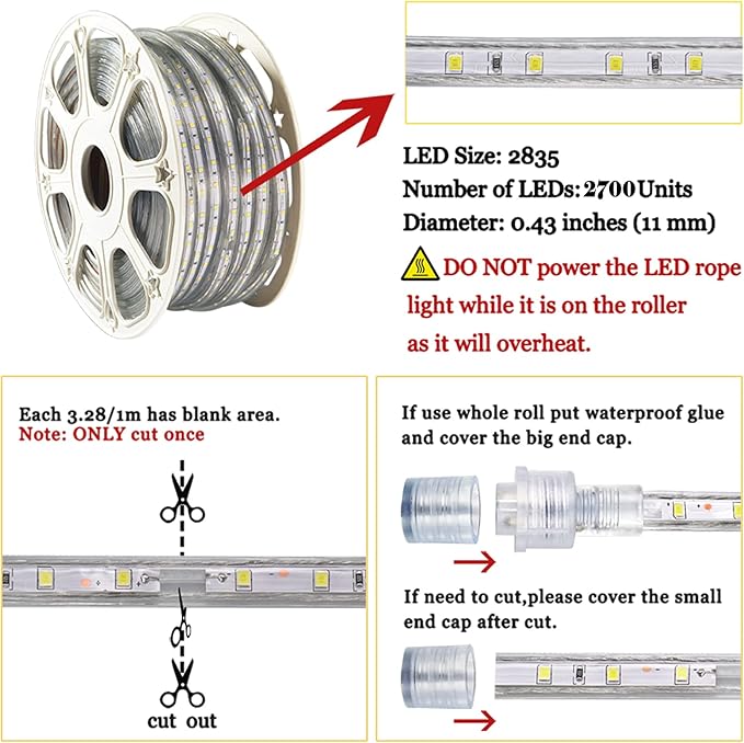 SURNIE 150ft Flat Outdoor Rope Lights Waterproof: 110V Cool Warm White LED Strip Light - Cuttable Connectable Lights for Deck Patio Stairs Backyards Commercial Decor Lighting, Not Tube Rope