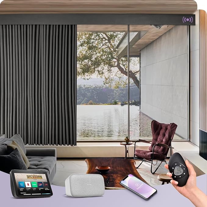 Graywind Hardwired Smart Curtains Motorized Blackout Curtain with Remote Alexa Google Control for Sliding Door Thermal Insulated Drapes One-Way or Split Draw, Custom Width to 220" (Iron Grey)