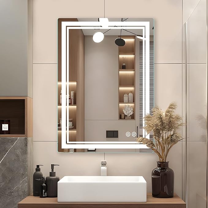 LED Lighted Mirror, 20x28 Inch Bathroom Vanity Mirror Wall Mounted with 3000K/4000K/6000K Adjustable, Anti-Fog, Smart Touch Button, Stepless Dimmable Makeup Mirror, Horizontal/Vertical