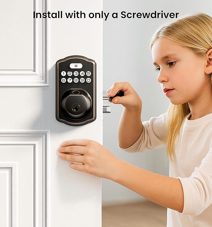 Veise KS02A Fingerprint Keyless Entry Door Lock, Auto Lock, Electronic Keypad Deadbolt for Front Door, Biometric, Anti-Peeping Password, Easy Install, Oil Rubbed Bronze
