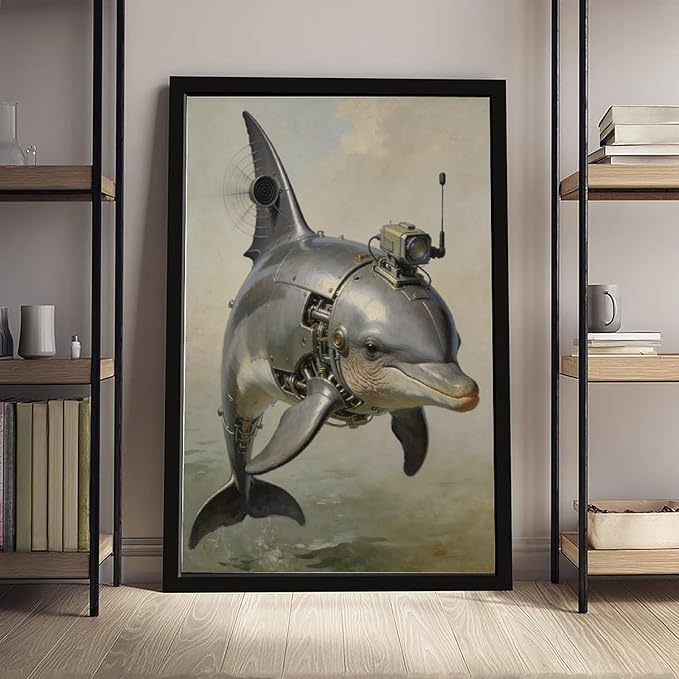 Framed Steampunk Mechanical Dolphin Wall Art - Marine Retro-Futuristic Poster for Beach House Living Room Decor 20x30in