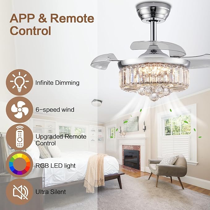 30" Retractable Crystal Ceiling Fan with Light, RGB Modern Fandelier 6 Speeds Reversible Blades Dimmable Chandelier Ceiling Fan with Remote App Control Memory Timer Silver