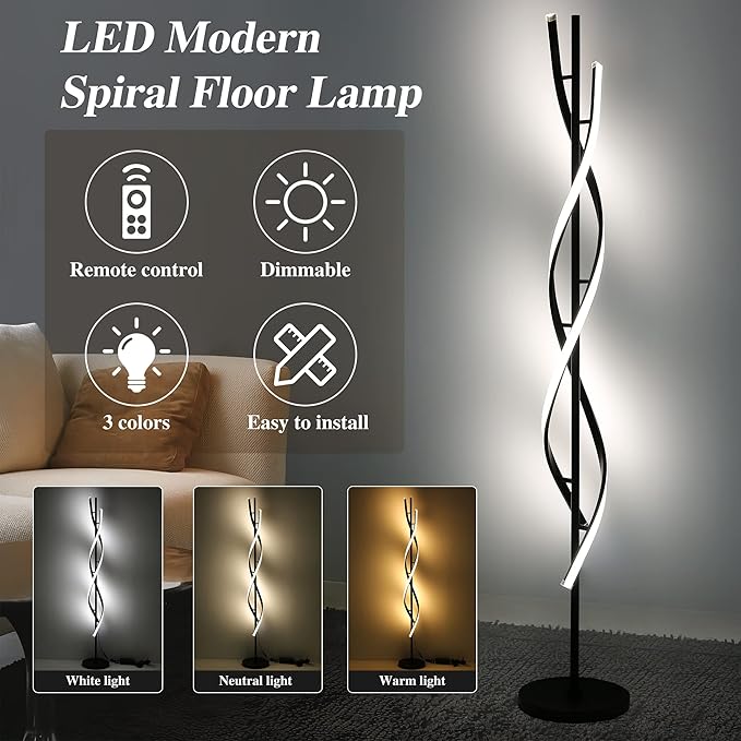JUTIFAN Modern Spiral Floor Lamp for Living Room, 30W Dimmable Led Corner Floor Lamp with Remote Control, 53 Inch Black Floor Lamps 3 Color Tall Corner Reading Lamp Standing Floor Lamps for Bedroom