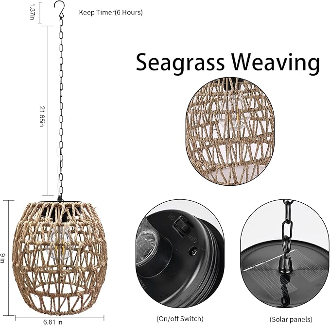 Larekook Hanging Solar Lanterns Outdoor Waterproof, Natural Seeweed Rattan Lantern Bamboo Woven Hanging Pendent Light with Edison Bulb,Solar Chandelier Outdoor Light for Gazebo Garden Porch Patio