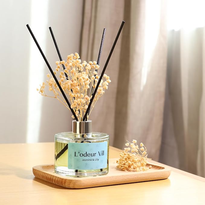 L'odeur Vill Reed Diffuser Set, 6.7 oz(200ml) Jasmine & Lily Scented Diffuser with 6 Oil Diffuser Sticks, Home Fragrance Essential Oil Reed Diffuser for Home Large Rooms Bathroom Shelf Decor