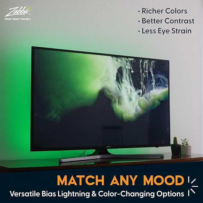 Power Practical LED Strip Lights Backlight, USB Light Strips w/Remote for 15 Ambient Color Bias Lighting Options & 10 Brightness Modes, for TV/Computer Decor/Indoor Use, Size (60"-80" TV)