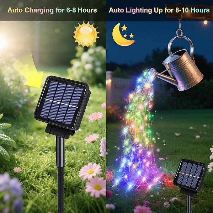 VOOKRY 10 Strands 200 LEDs Solar Fairy Lights Outdoor Waterproof, Solar Powered String Lights 8 Modes DIY Watering Can Lights for Party Wedding Patio Yard Garden Tree Decorations(Multicolor)