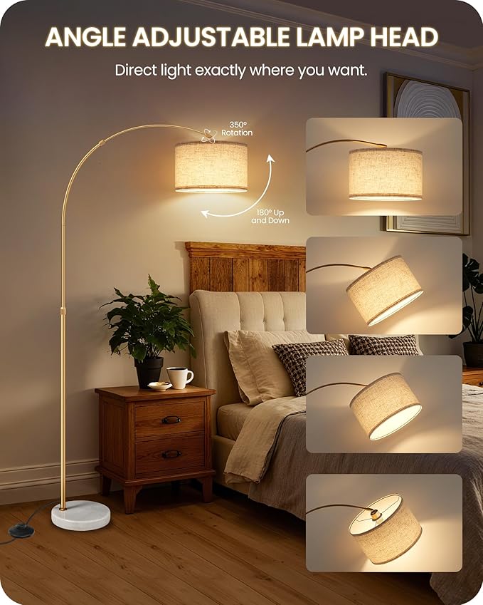 75" Arc Floor Lamp with Marble Base and Adjustable Height, Rotating Hanging Shade, Dimmable Gold Floor Lamp for Living Room with Remote and Foot Switch, 3 Color Temperatures, Timer, DE15LD05