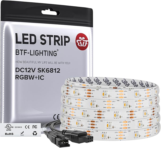 BTF-LIGHTING SK6812(Similar WS2812B) UL Listed RGBW RGB+Warm White(3000K) Individually Addressable DC12V 16.4FT 30LED/m 4 Colors in 1 Light Dream LED Strip IP65 White PCB(No Adapter or Controller)