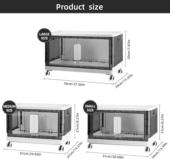 Folding Storage Organizer with Silent casters | Stackable Design for Home & Office, Heavy-Duty Plastic Storage Bin with Clear Door, 3 Sizes (19.5/23.5/27.5in),Black/White (27.6" 2 layer, White)